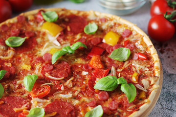 Pizza with salami and basil	