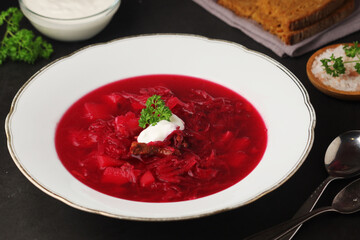 A plate with Ukrainian national dish - borsch