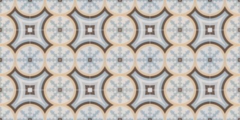Old blue beige vintage shabby patchwork mosaic motif tiles stone concrete cement ceramic wall texture background, with circular circle print