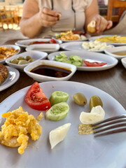 traditional turkish breakfast spread on table in Turkey