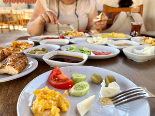 traditional turkish breakfast spread on table in Turkey