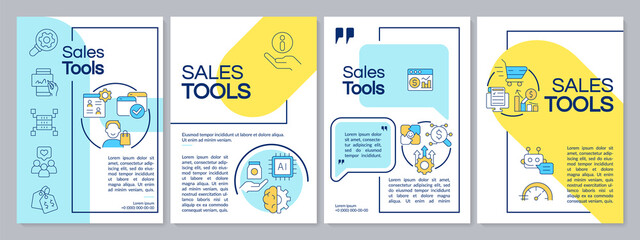 Fototapeta na wymiar Sales tools blue and yellow brochure template. Promotion and marketing. Leaflet design with linear icons. Editable 4 vector layouts for presentation, annual reports. Questrial, Lato-Regular fonts used