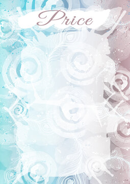Price list template for business design. Watercolor abstract brown and blue gradient background. Watercolor white peacoc feather and circle splashes on multicolor background for printing