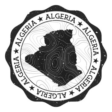 Algeria outdoor stamp. Round sticker with map of country with topographic isolines. Vector illustration. Can be used as insignia, logotype, label, sticker or badge of the Algeria.