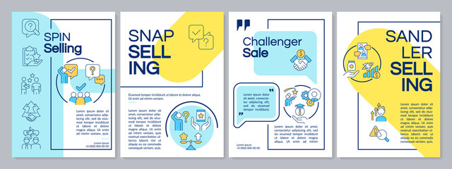 Fototapeta na wymiar Sales techniques blue and yellow brochure template. Modern marketing. Leaflet design with linear icons. Editable 4 vector layouts for presentation, annual reports. Questrial, Lato-Regular fonts used