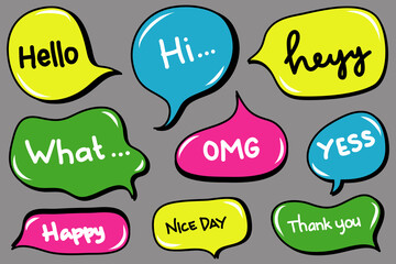 Vector set of speech bubbles. Doodle hand draw like kids style in pastel color for use in business, chat, inbox, dialog, message, question, communication, talk, speak, sticker, balloon, thinking