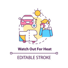 Watch out for heat concept icon. Use sunshade for car. Road trip advice abstract idea thin line illustration. Isolated outline drawing. Editable stroke. Arial, Myriad Pro-Bold fonts used