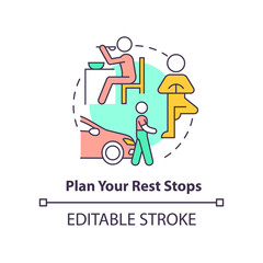 Plan your rest stops concept icon. Take a break from driving. Road trip tip abstract idea thin line illustration. Isolated outline drawing. Editable stroke. Arial, Myriad Pro-Bold fonts used