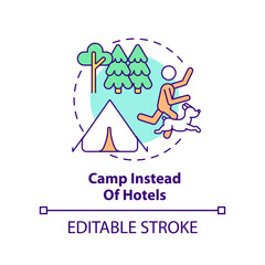 Camp instead of hotels concept icon. Campground. Road trip with pets advice abstract idea thin line illustration. Isolated outline drawing. Editable stroke. Arial, Myriad Pro-Bold fonts used