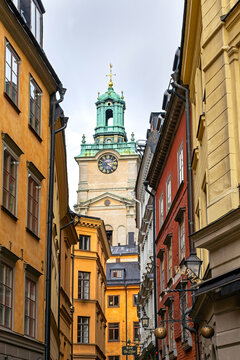 Church tower viewed from Gamla Stan in Stockholm