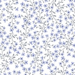 Watercolor blue flowers pattern with leaves. Light blue baby floral ornate. Simple kids minimalist botanical.