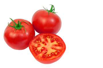 ripe tomatoes on a white background. the concept of cooking tomato sauce. red vegetables on a light texture. juicy pink tomatoes on the table