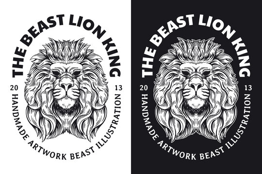 Set Animal Lion Beast Dark Art Hand drawn Hatching Outline Symbol Tattoo Merchandise T-shirt Merch vintage