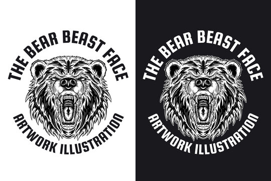 Set Animal Bear Beast Dark Art Hand drawn Hatching Outline Symbol Tattoo Merchandise T-shirt Merch vintage