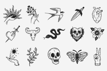 Obraz premium Set Collection Mystical Celestial Dark Holy Simple Minimalism Tattoo Clipart Symbol space doodle Esoteric elements vintage illustration