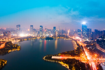 Naklejka premium Aerial photography night view of modern buildings in Hefei, China