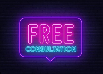 Free consultation neon sign in the speech bubble on brick wall background.