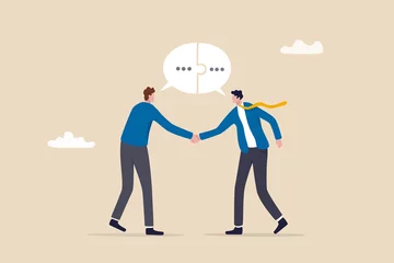 Deurstickers Success communicate, discussion or interview, achieve business agreement, solution or partnership deal, perfect match connection concept, businessmen handshake with connect speech bubble jigsaw. © Nuthawut