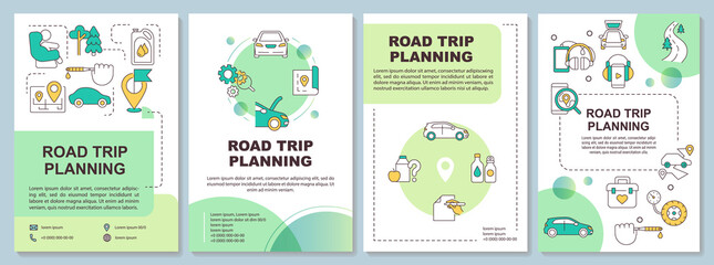 Fototapeta na wymiar Road trip planning green brochure template. Car tourism. Leaflet design with linear icons. Editable 4 vector layouts for presentation, annual reports. Arial-Black, Myriad Pro-Regular fonts used