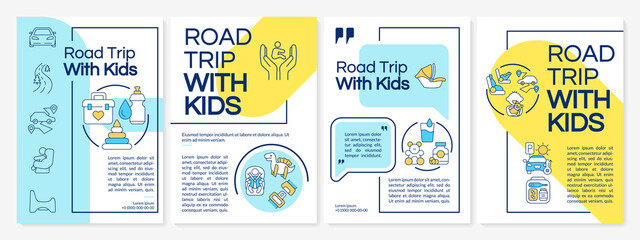 Road trip with kids blue and yellow brochure template. Car travel. Leaflet design with linear icons. Editable 4 vector layouts for presentation, annual reports.Questrial, Lato-Regular fonts used