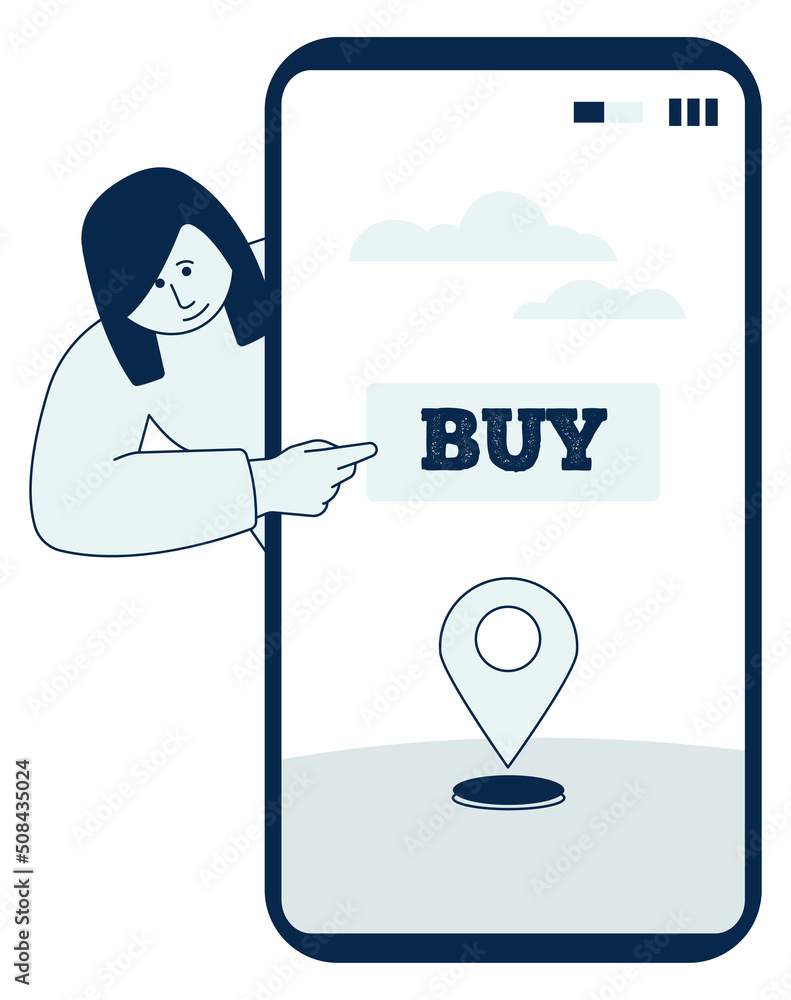 Poster mobile app with buy button on screen. ecommerce concept