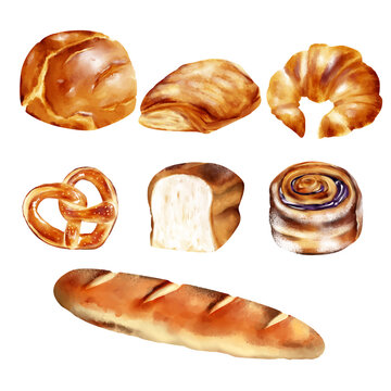 Set of bread and wheat pastry bakery watercolor painting vector illustration isolate on white