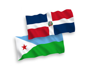 National vector fabric wave flags of Dominican Republic and Republic of Djibouti isolated on white background. 1 to 2 proportion.