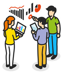 Team discussing data statistics. Isometric business analysis icon