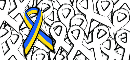 Cartoon Ukraine wave ribbon. Logo symbolBleu and yellow ribbon. Mourning Ribbon Flag. Ukraine and Russia military conflict. Solidarity, the world is walling in love with Ukraine. 