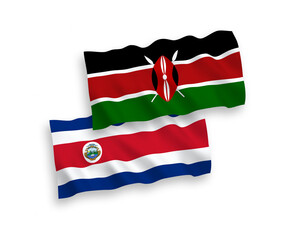 National vector fabric wave flags of Republic of Costa Rica and Kenya isolated on white background. 1 to 2 proportion.