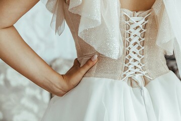 bride posing in a wedding dress. corset close up