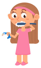Girl washing teeth. Cartoon kid dental hygiene