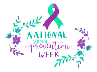 national suicide prevention week hand lettering vector illustration. Teal and purple colors