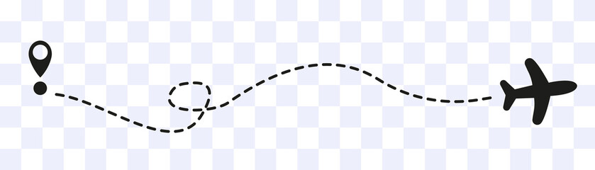 Airplane routes on transparent background. Romantic travel concept. Airplane line path, vector icon of air plane flight route on white background. Vector illustration.