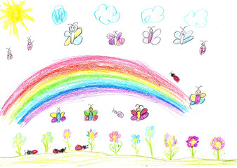 Obraz na płótnie Canvas Child drawing butterfly and flowers