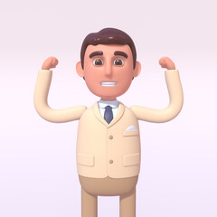 3d render of cheerful businessman flexing muscles, strong, full of energy