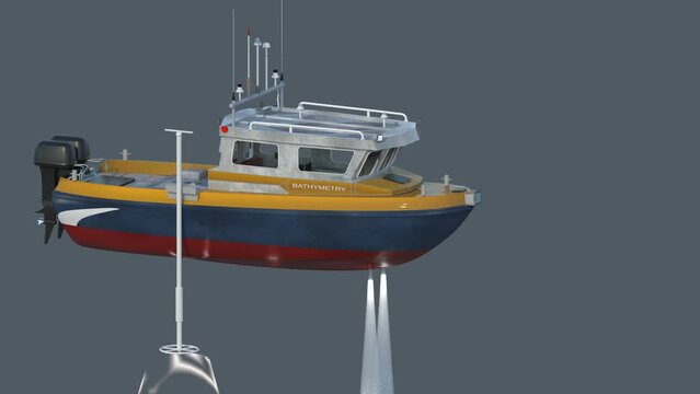 A motorboat with sonar beams. Bathymetry. 3d-rendering