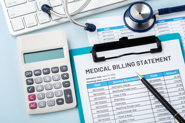 Medical billing statement with calculator and doctor tool on work desk