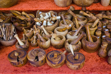 Wooden tableware on souvenir market in Helsinki