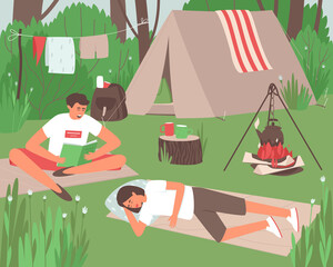 The couple is resting outdoors in the forest. A man and a woman are resting together in solitude. The couple retired to nature, pitched a tent and lit a fire. Flat vector illustration.