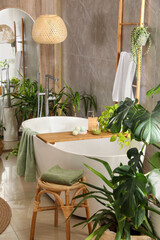 Modern white tub and beautiful green houseplants in bathroom. Interior design
