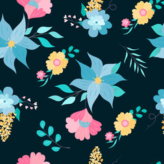 Obraz premium beautiful colorful hand drawing flat floral seamless pattern