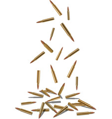 Many bullets falling on white background. Firearm ammunition