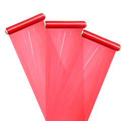 Rolls of red plastic stretch wrap on white background