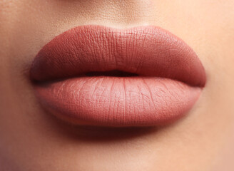 Woman with beautiful perfect lips after permanent makeup procedure, closeup - obrazy, fototapety, plakaty