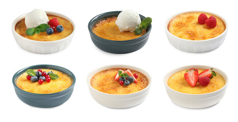 Set with delicious creme brulee on white background