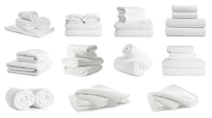 Set of folded and rolled towels on white background - obrazy, fototapety, plakaty