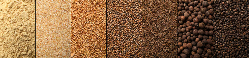 Collage with photos of different spices, top view. Banner design