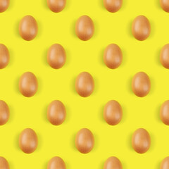 Group of chicken eggs on yellow background, flat lay. Seamless pattern design