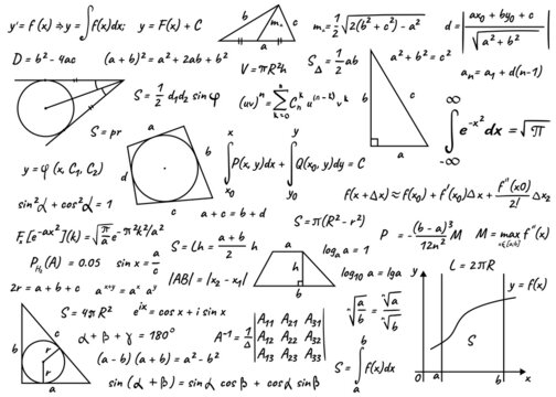 Many different math formulas on white background, illustration. Algebra and Geometry